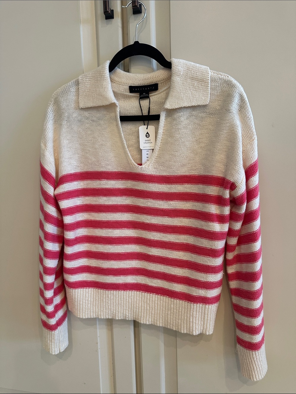 Sanctuary Cream and Pink Striped Collared V-Neck Sweater